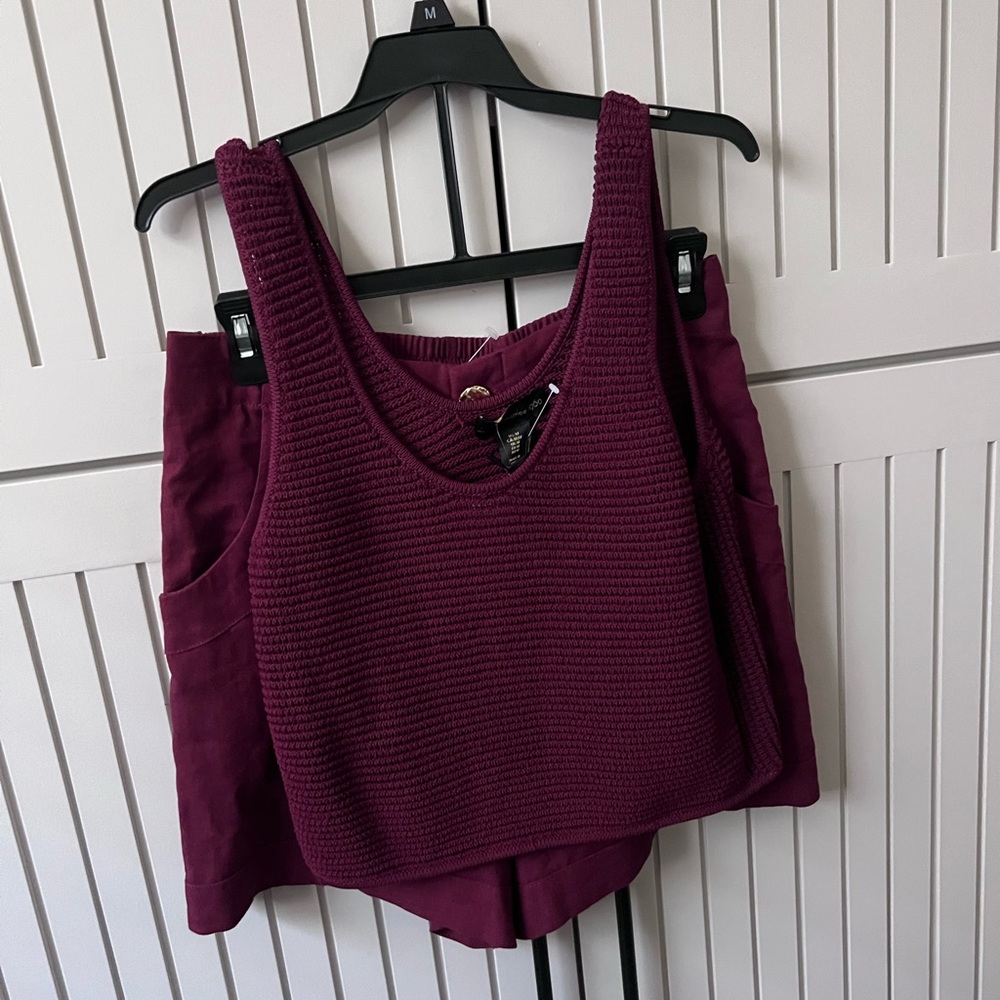 House of Harlow 1960 Burgundy Ribbed Asymmetrical Tank Top and linen shorts set
